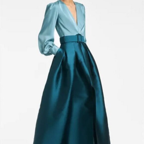 Sachin & Babi Seaglass Teal Zoe Long Sleeve Mikado Gown Less Belt - Picture 2 of 5